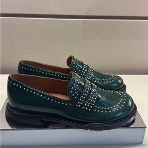 Chie Mihara Dark Green Studded Patent Leather Loafers